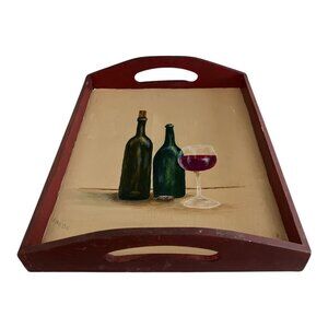 Vintage Hand-Painted Wooden Serving Tray – Wine Bottle & Glass Still Life – Sign